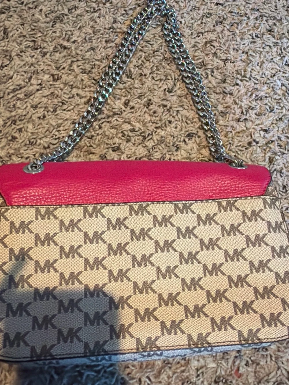 Michael Kors Hot Pink Leather Flap Monogram Chain Shoulder Bag